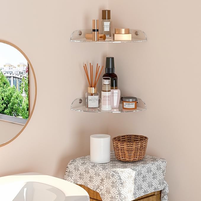 7x7 Inch Corner Shelf Wall Mount Set of 2, Acrylic Corner Floating Shelves, Clear Corner Wall Organizer Shelf for Bathroom, Kitchen, Bedroom, Living Room, Dining Room, Office