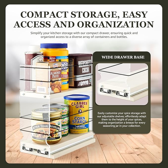 Vertical Spice - Sliding Spice Rack - Pull Out Spice Rack for Inside Cabinets, Sliding Shelves, Rack for Kitchen Cabinets - Made in USA -2 Tiers -10.6"D x 4.6"W x 10.75"H (Cream , Partially Assembled)
