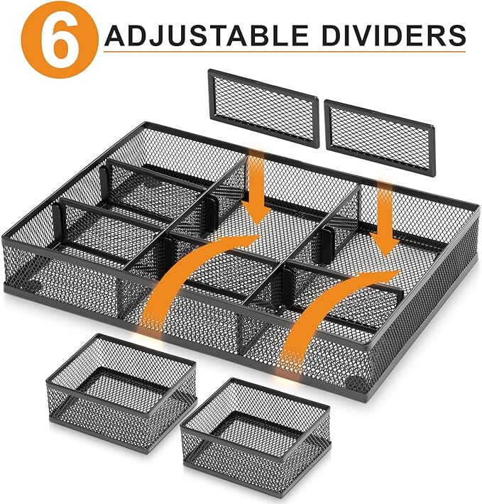 Marbrasse 3 Packs Desk Drawer Organizers, Metal Mesh Dividers Desk Drawer Organizer Tray with 9 Adjustable Compartments, Pen Organizer for Drawer Tray Box Accessories for Desktop,Kitchen, Makeup-NeatNest