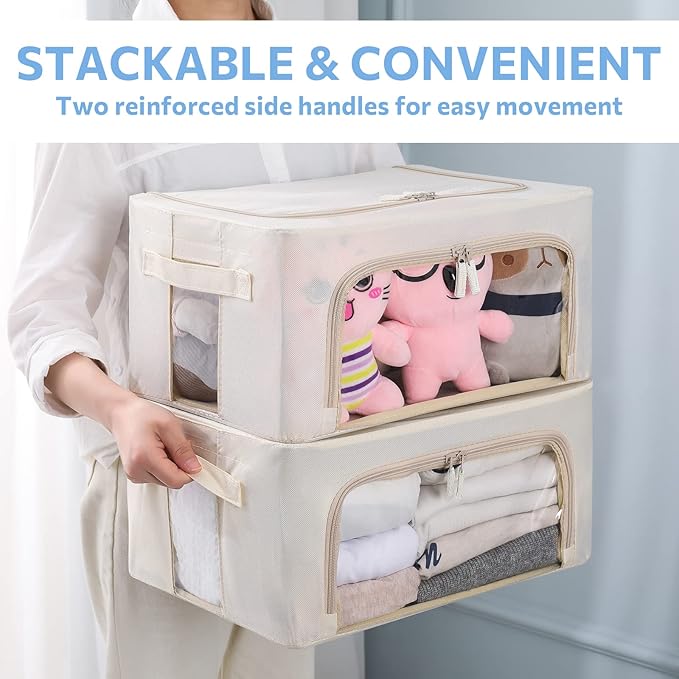 3Pack Frame Storage Box - Clothes Storage Bin Bags Oxford Fabric Foldable Stackable Container Organizer Set with Clear Window & Carry Handles Large Capacity (Beige, Small-22L)-NeatNest