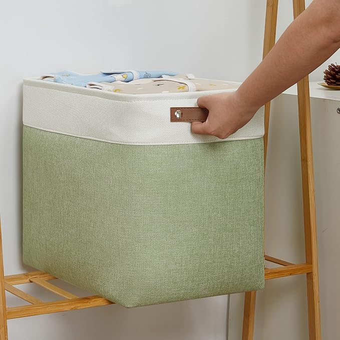 DULLEMELO Large Storage Basket 17"x12"x15", Fabric Storage Organizer Basket for Storage Clothes, Large Fabric Bin for Organizing Book, Storage Bin with Handles for Storage Toy (White&Green)-NeatNest