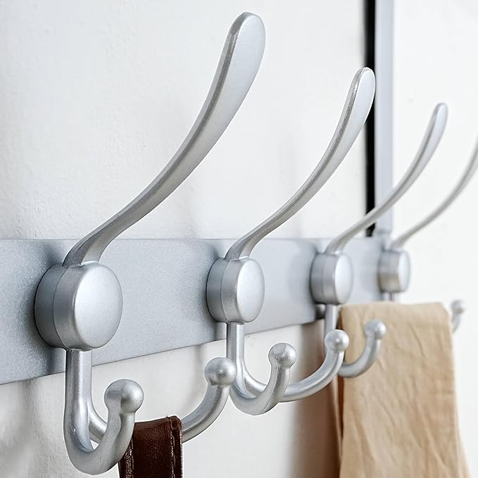 Dseap Over The Door Hook Hanger - 5 Tri Hooks, Heavy Duty Over The Door Towel Rack Coat Rack for Clothes Hat Towel, Silver