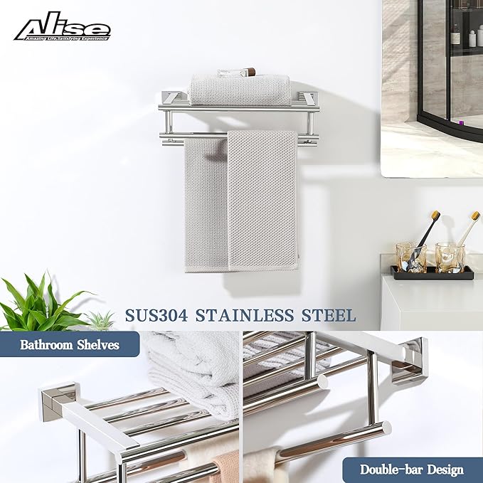 Alise Towel Rack,Towel Hanger Towel Shelf with Double Towel Bars for Bathroom Lavatory,16 Inch SUS 304 Stainless Steel Wall Mount Towel Holder,Polished Chrome