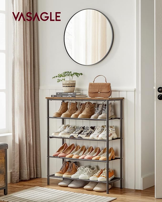 VASAGLE Shoe Rack, 5-Tier Shoe Storage Organizer for Entryway and Closet, Holds 12-16 Pairs of Shoes, 4 Fabric Shelves, Steel Frame, Industrial, Rustic Brown and Black ULBS036B01-NeatNest