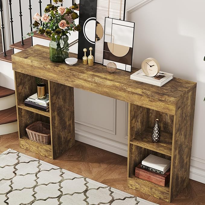 55 Inches Console Table,4 Cubes Narrow Entryway Table,3 Tier Wood Behind Couch Sofa Table,TV Console with Storage for Living Room,Hallway,Entrance,Foyer (Bright Brown)-NeatNest