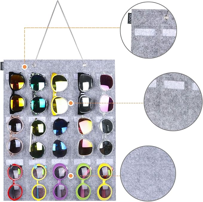 AROUY Sunglasses Organizer Storage, Hanging Wall Pocket Glasses Organizer - 15 Felt Slots Sunglass Organizer Holder Eyeglass Display with Sturdy Rope (Gray, Small)-NeatNest
