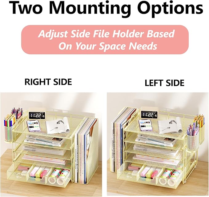 Desk Organizers and Accessories, 5-Tier Paper File Organizer with Drawer & Pen Holder, Office Desk Accessories Workspace Desktop Organizer for Office Supplies(Gold)-NeatNest