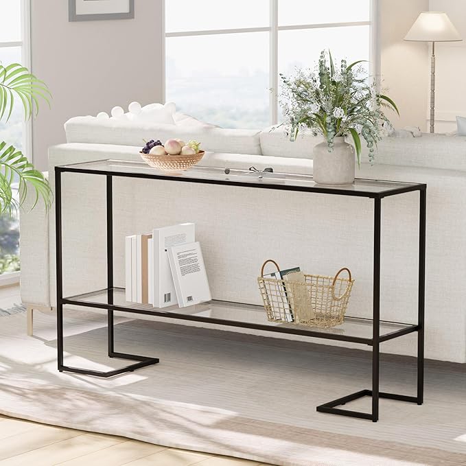Cozy Castle 52" Console Table, 2-Tier Narrow Tempered Glass Sofa Table with Metal Frame for Living Room, Hallway, Bedroom, Black-NeatNest