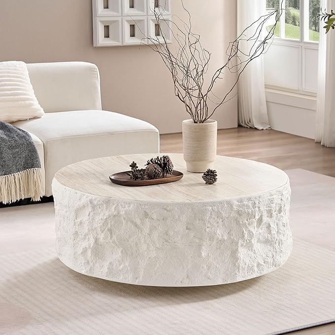 kevinplus Round Coffee Table Side End Table Set of 2 for Living Room, Modern Faux Stone Style, Fiberglass Material, No Assembly (Beige, 2-Pcs)