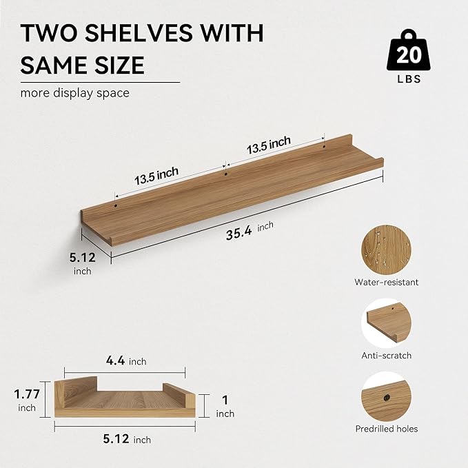 35.3 Inches Long Floating Shelves Wall Mounted, 2 Set Rustic Wall Shelf for Bedroom, Nursery Book Shelf with Lip, Picture Ledge Shelf for Wall Decor Living Room Bathroom Kitchen - Oak-NeatNest