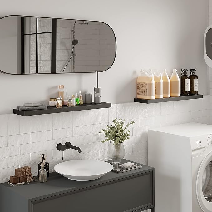 BAMEOS Floating Shelves, 31W x 8D Black Wall Mounted Wooden Shelves with Invisible Brackets Set of 2, Hanging Wall Shelves Decoration for Bedroom, Bathroom, Living Room and Kitchen-NeatNest