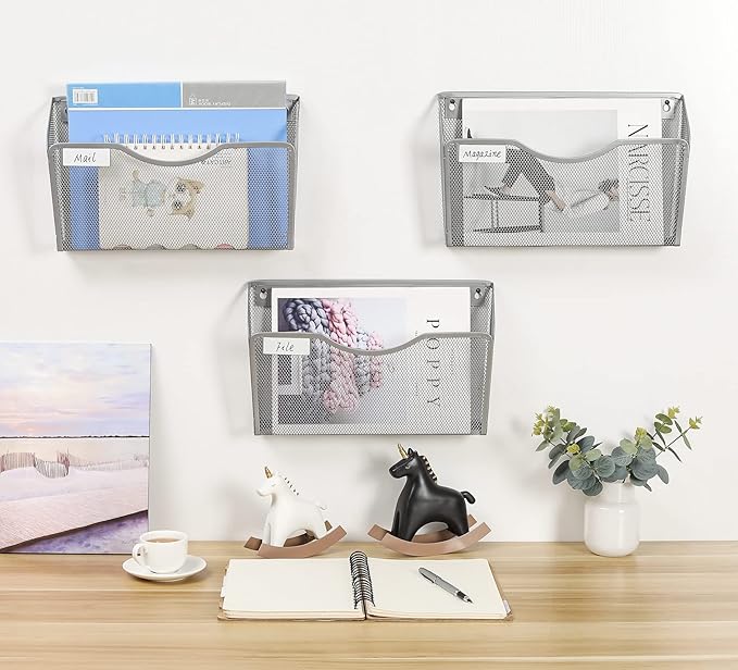 EasyPAG 6 Pack Wall File Holder with Label Panel, Single Mesh Hanging File Organizer for A4 Letter Size Paper, Wall Mount Paperwork Basket for Office, Home, School, Silver