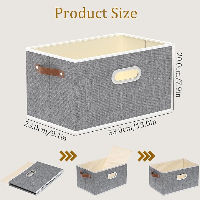 Yawinhe Fabric Storage Baskets, Foldable Closet Organizer for Shelves, Large Boxes with 3 Handles, Canvas Bins for Clothes, Grey, 12.99''Lx9.05''Wx7.87''H, 6-Pack-NeatNest