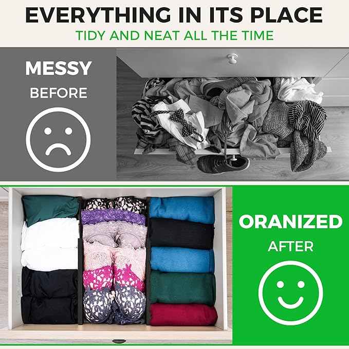 Bamboo Drawer Dividers Organizer with Inserts, Expandable from 12.5-21.7", Adjustable Drawer Organizer Separators for Utensils, Dresser, Bedroom, Bathroom, Closet, Clothing, Office (Black)-NeatNest