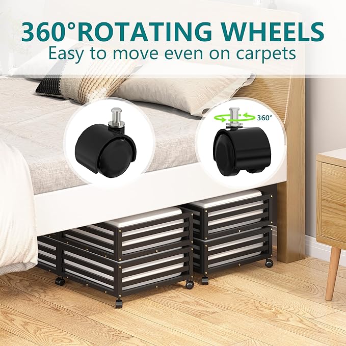 Bamboo Under Bed Storage Containers- Underbed Organizer with Wheels with Large Capacity Dust Bag,Sturdy Wood Rolling Under Bed Shoe Storage Organizer 2 Packs (Black, 2 Packs (33.07"×16.54"))-NeatNest
