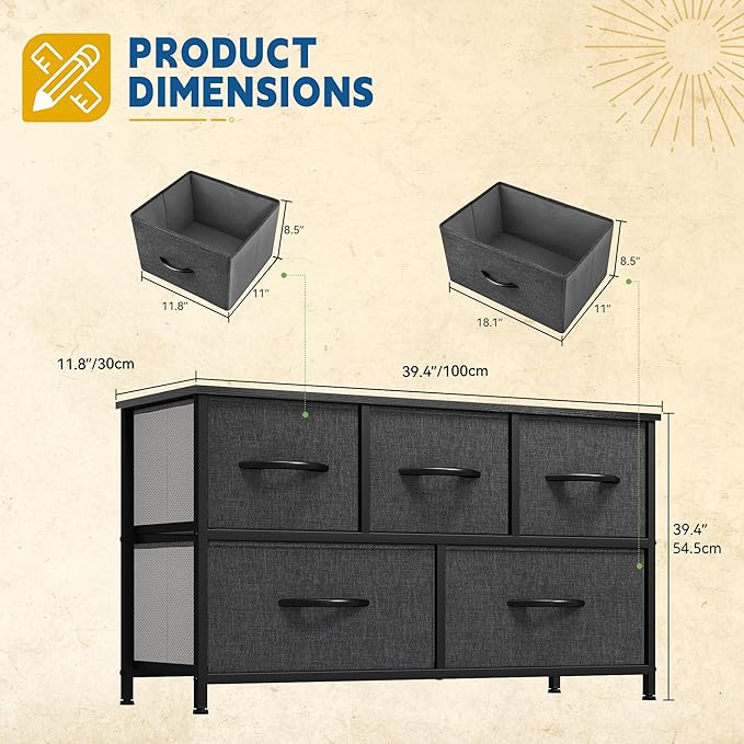 DWVO Dresser with 5 Drawers - Fabric Storage Tower, Black Dresser & Chest of Drawers, Organizer Unit for Bedroom-NeatNest