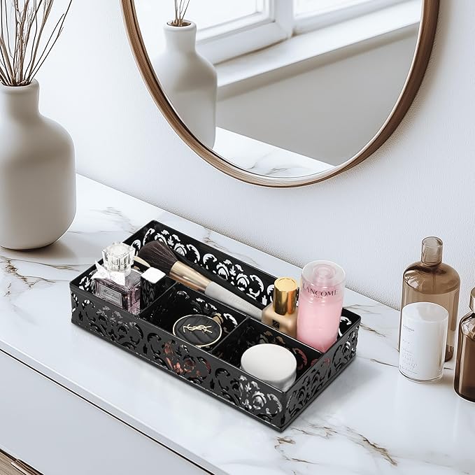 EasyPAG Desk Drawer Organizer with 4 Compartments, Carved Hollow Floral Metal Tray for Office, Jewelry, Cosmetics - No Assembly, Black-NeatNest