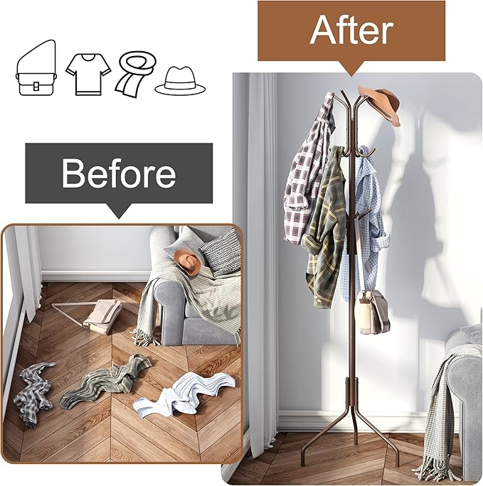 FILWH Coat Rack Freestanding Coat Tree Standing Coat and Hat Hanger Jacket Organizer Rack Metal,18.3" L x 18.3" W x 71.5" H, Brown-NeatNest