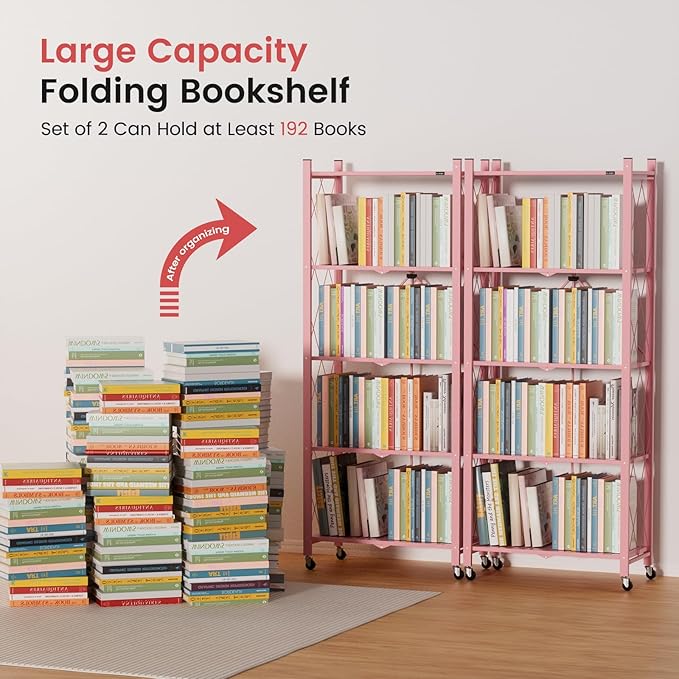 ALANNG 2-Pack Folding Bookshelf on Wheels, Cute Rolling Shelves for Bedroom, Colorful Storage Cart for Kids Rooms, Nursery, No Assembly Metal Book Shelf (5 Tier, Pink)
