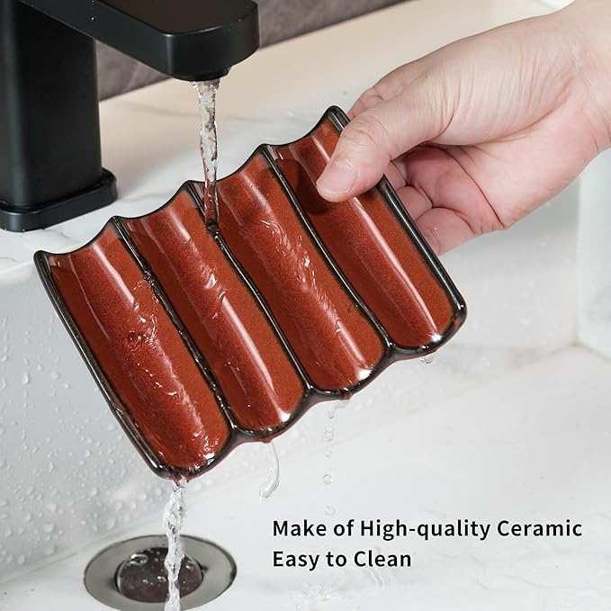 Bathroom Soap Dish for Shower, Bar Soap Holder with Self Drain, Ceramic Soap Saver Tray for Bathroom Sink, Kitchen Counter, Drain Fluted Design to Lift Soap Keep Dry, Red-NeatNest