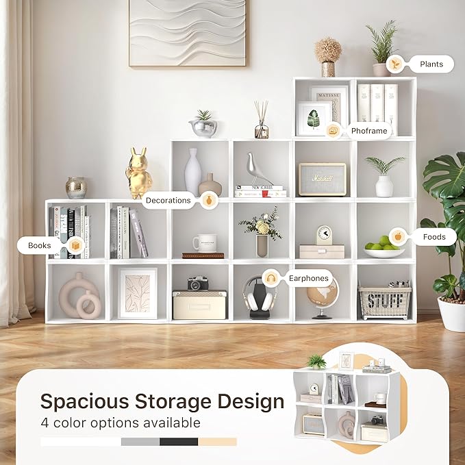 4 Cube Storage Organizer Shelf, Stackable Wooden Bookshelf, Modular Bookcase for Bedroom, Living Room, Office, Study (White)