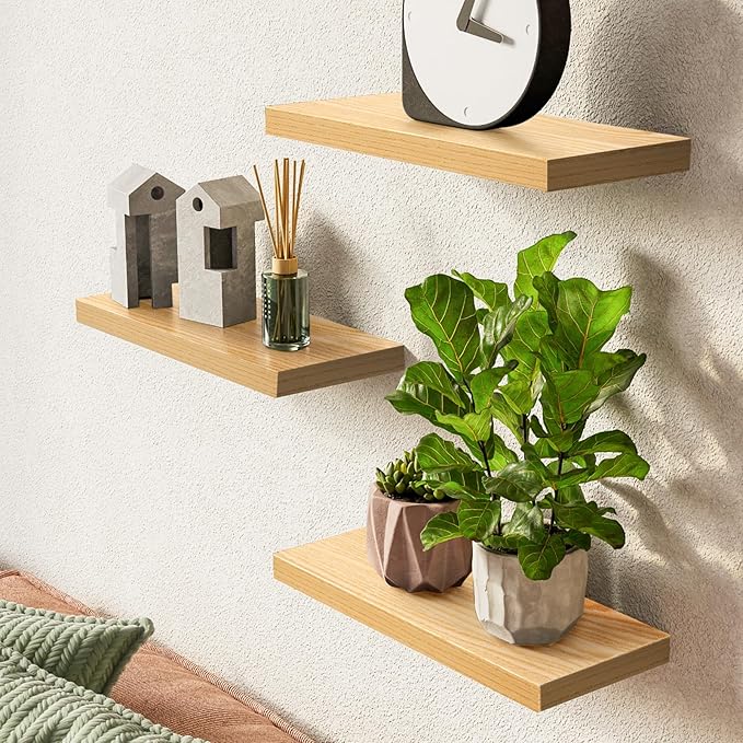 BAYKA Floating Shelves for Wall, Wall Mounted Rustic Wood Shelves for Bathroom, Bedroom, Living Room, Kitchen,Small Hanging Shelf for Books/Storage/Room Decor (Oak-Toned, Set of 3, 15.7in)-NeatNest
