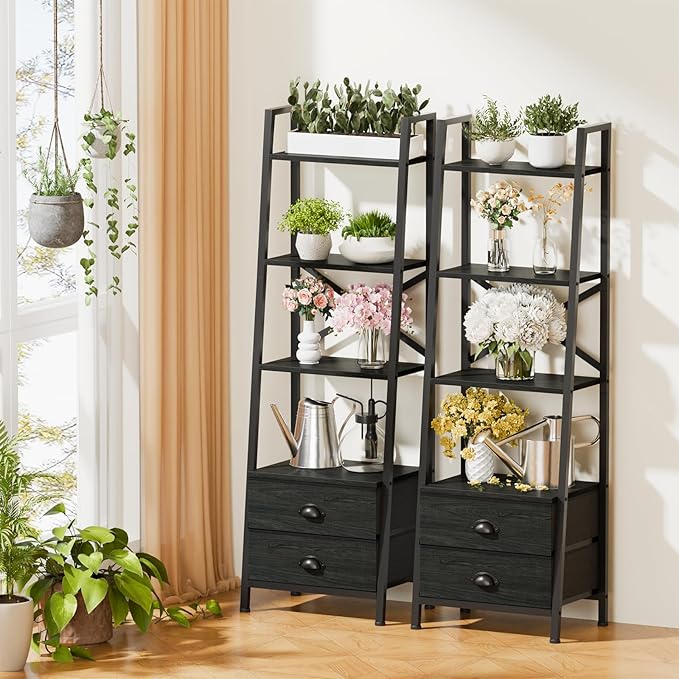 Furologee 4-Tier Ladder Shelf,Small Bookshelf with 2 Drawers,Vertical Bookcase Storage Rack Organizer,Rustic Bookshelves for Living Room,Bedroom,Bathroom,Home Office,Kitchen,Rustic Brown,Black Oak