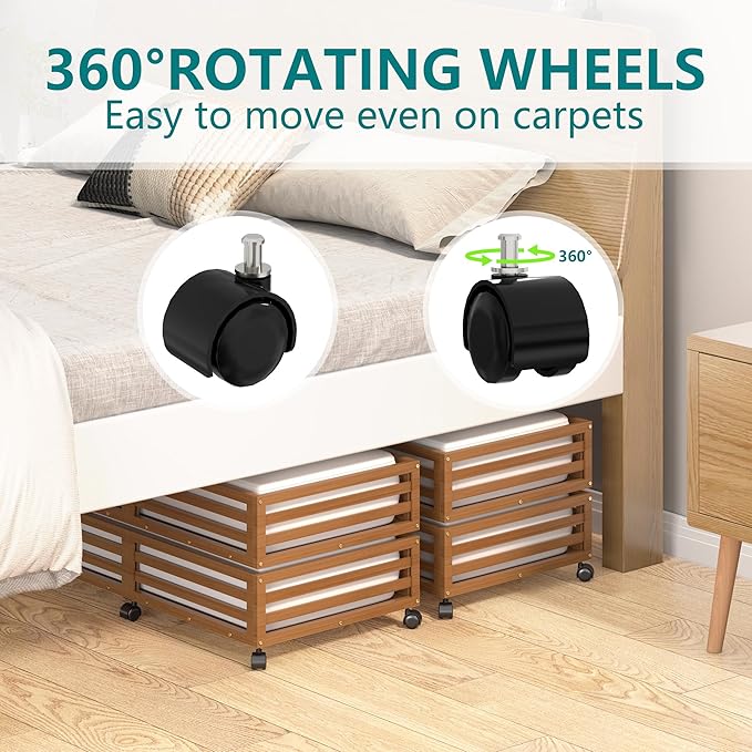 Bamboo Under Bed Storage Containers- Underbed Organizer with Wheels with Large Dust Bag,Sturdy Wood Rolling Under the Bed Shoe Storage Organizer Drawer 2 Packs (Walnut, Long)-NeatNest