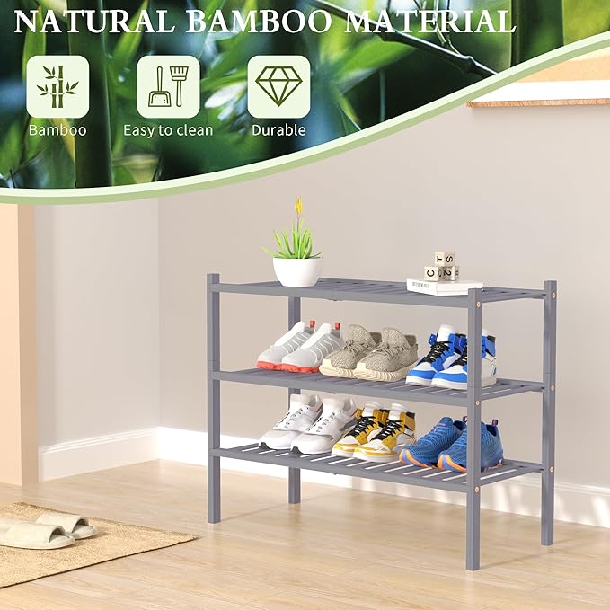 3 Tier Bamboo Shoe Rack for Closet Free Standing Wood Shoe Shelf Storage Organizer for Entryway Small Space Stackable 27"x11"x20" (Grey)-NeatNest