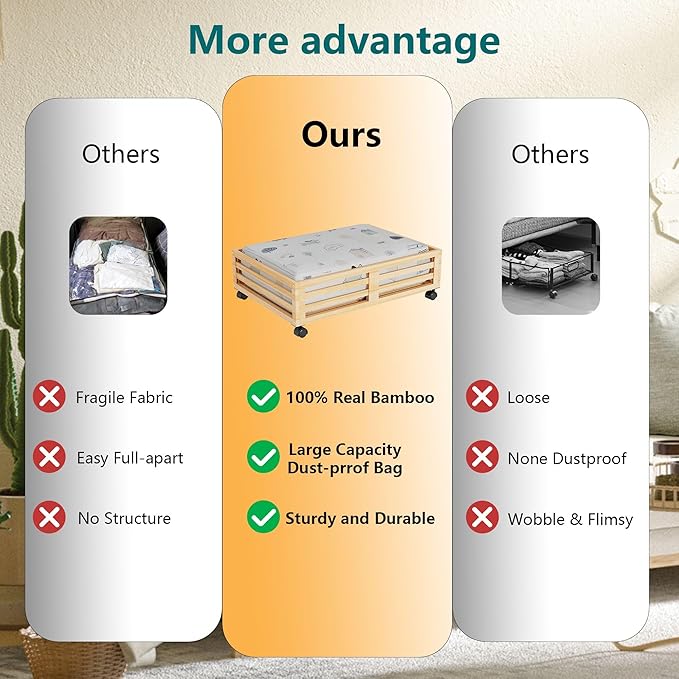 Bamboo Under Bed Storage Containers- Underbed Organizer with Wheels with Large Capacity Dust Bag,Sturdy Wood Rolling Under Bed Shoe Storage Organizer 2 Packs (Nature, 2 Packs (23.62"×16.54"))-NeatNest