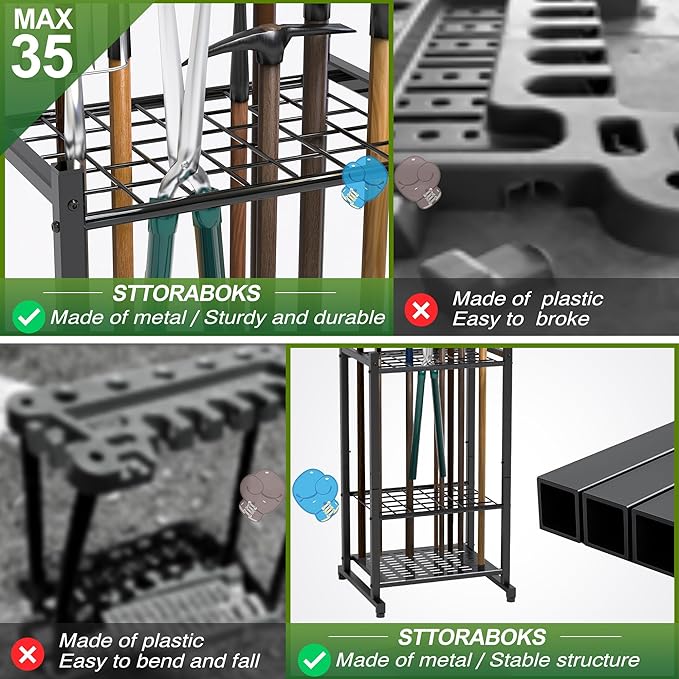 Garden Tool Organizer, Yard Tool Tower Rack for Garage Organization and Storage, Up to 35 Long-Handled Tools/Rakes/Brooms, Heavy Duty Steel Garden Tool Stand for Shed, Outdoor, Black
