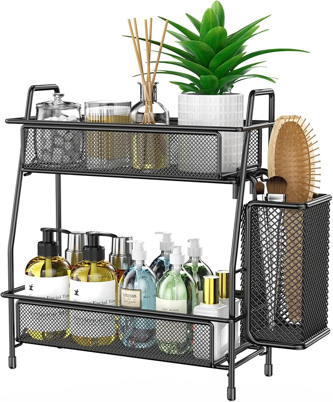 Bathroom Organizer with Basket, 2-Tier Bathroom Tray for Countertop Storage Shelf, Bathroom Counter Organizer, Vanity Organizer and Storage Kitchen Counter Organizers Spice Rack-NeatNest