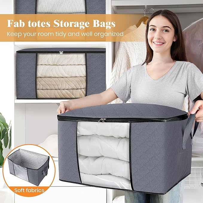 Fab totes 6 Pack Clothes Storage, Foldable Thick Fabric Blanket Storage Bags, Containers for Organizing Bedroom, Closet, Clothing, Comforter,Closet Organization with Handle,Grey-NeatNest