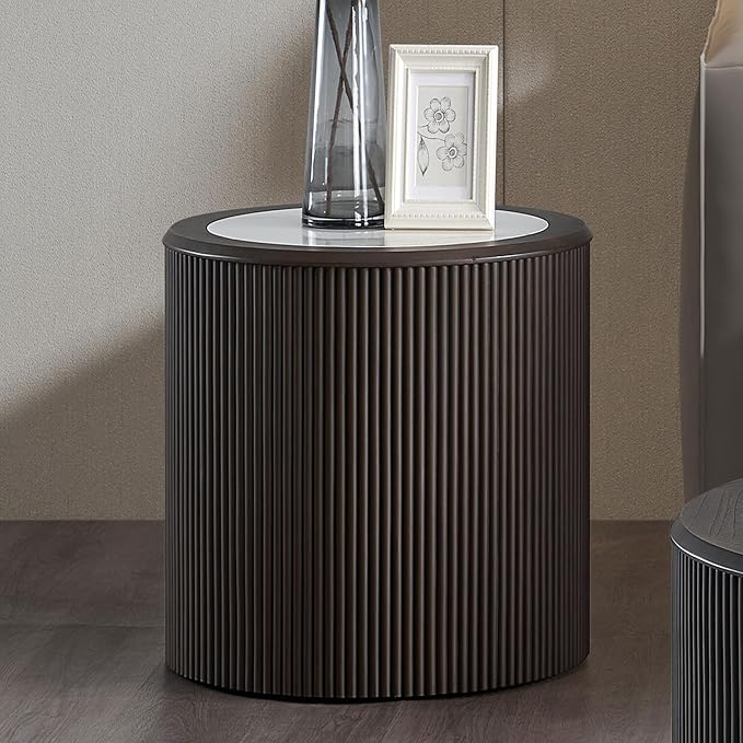 kevinplus Round Faux Marble Side Table Wood End Table for Living Room, Modern Contemporary Embossment Fluted Style, No Assembly (Dark Brown, ø23.62'' x 18.5'')