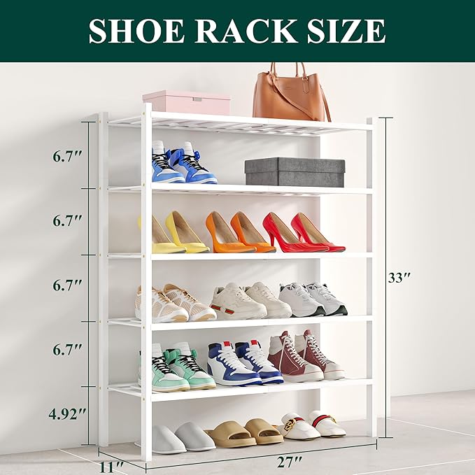 Smiry Shoe Rack, 5 Tier Bamboo Shoe Organizer, Stackable Free Standing Wooden Shoe Storage Shelf for Closet, Entryway, Front Door Entrance, White-NeatNest