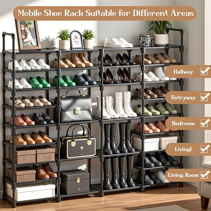 9 Tier Shoe Rack Storage Organizer Stand Shelf Cabinet, Large Shoe Rack Shelf Storage for 64-68 Pairs Freestanding Stand Cabinet with 18 Pcs Removable Side Hooks for Closet Entryway-NeatNest