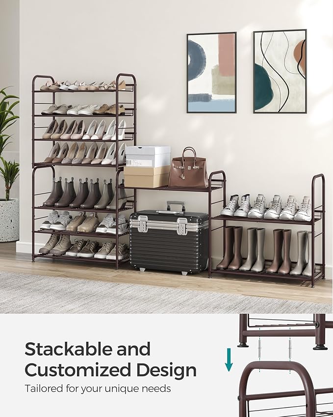 SONGMICS Stackable Shoe Rack, 4 Tier Metal Shoes Rack Storage Shelf, Holds up to 20 Pairs Shoes, Adjustable Slanted Shelves Tower Organizer for Closet Entryway Small Spaces, Bronze-NeatNest