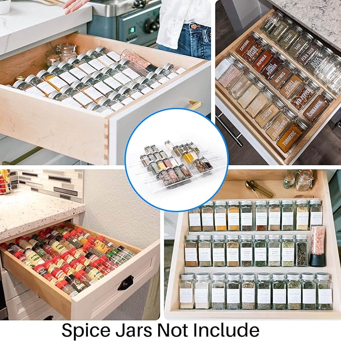 Antimbee Spice Drawer Organizer, 4 Tier- 8 Pack Kitchen Spice Rack Tray for Drawer, Expandable From 13" to 26" Acrylic Seasoning Organizer Rack Holds up 56 Spice Jars (Jars not Include)-NeatNest