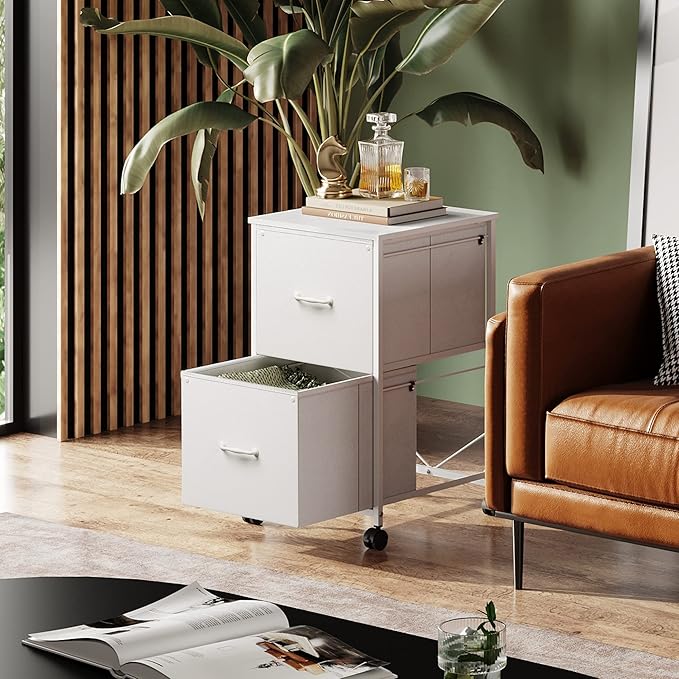 DEVAISE 2 Drawer Mobile File Cabinet, Rolling Printer Stand with Open Storage Shelf, Fabric Vertical Filing Cabinet fits A4 or Letter Size for Home Office, White-NeatNest