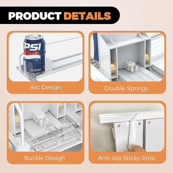 3 Rows Drink Organizer for Fridge, 15'' Soda Can Dispenser for Refrigerator with Pusher Glide, Width Adjustable Fridge Can Organization Hold Up to 25 Cans (White)