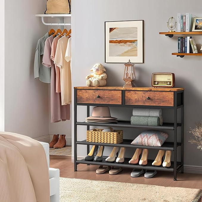 usikey Shoe Rack, 4 Tier Shoe Storage Organizer with 2 Drawers, Metal Shoe Shelf for 12-15 Pairs of Shoes, with 3 Fabric Shelves and Wooden Top, Shoe Stand for Closet Entryway, Rustic Brown-NeatNest