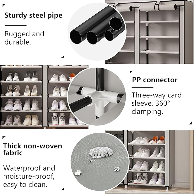 MOYIPIN Shoe Rack Storage Organizer, Double Row Portable Nonwoven Fabric Cover Shoe Rack Holds up to 28 Pairs 36.2 x 11.2 x49.2 Inches Grey-NeatNest