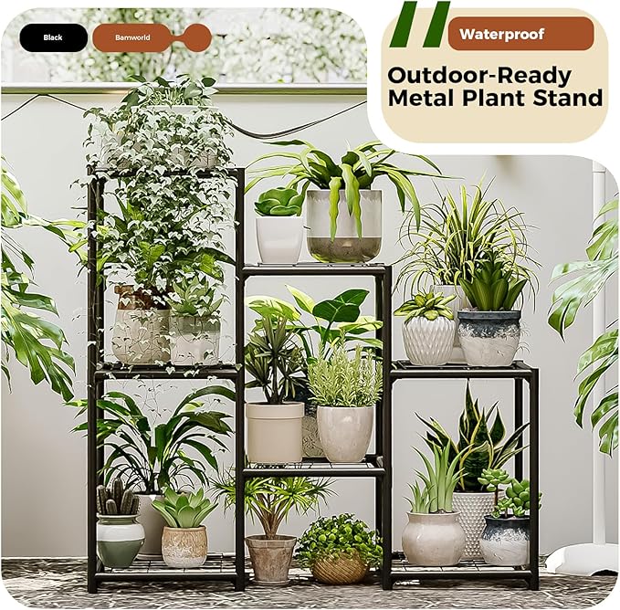 Bamworld Black Plant Stand Outdoor Metal Plant Shelf for Multiple Plants 3 Tiers Ladder Plant Holder Waterproof for Garden Living Room Patio Morden Home Decor Gardening Gifts