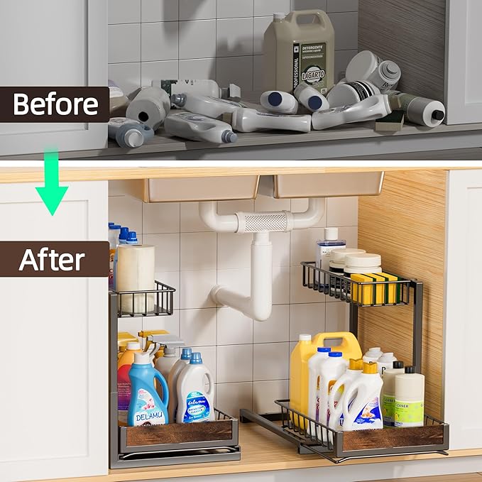 Delamu 2 Pack Under Sink Organizer and Storage, Height Adjustable Under Kitchen Sink Organizer, 2 Tier Pull Out Under Cabinet Organizer, Black Under Counter Storage for Kitchen Bathroom-NeatNest