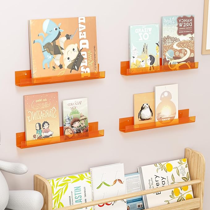 4 Pack Acrylic Shelves for Wall Storage,15" Floating Bookshelves for Kids, Display Shelf for Bathroom, Bedroom,Decor, Orange