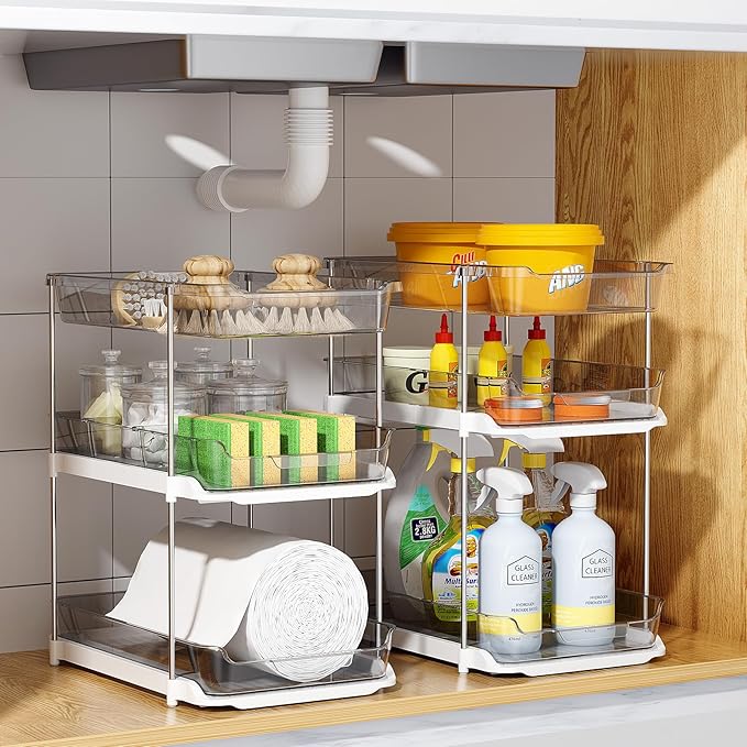 Delamu 2 Sets of 3-Tier Bathroom Under Sink Organizers and Storage, Multi-Purpose Stackable Pantry Organization and Storage, Grey-NeatNest