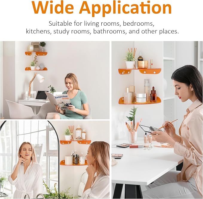 9.5x9.5 Inch Acrylic Corner Floating Shelf Set of 2, Orange Corner Wall Shelf for Home Décor, Speakers, Security Cameras, Toileries, Plants, Figures, Cosmetics, Books