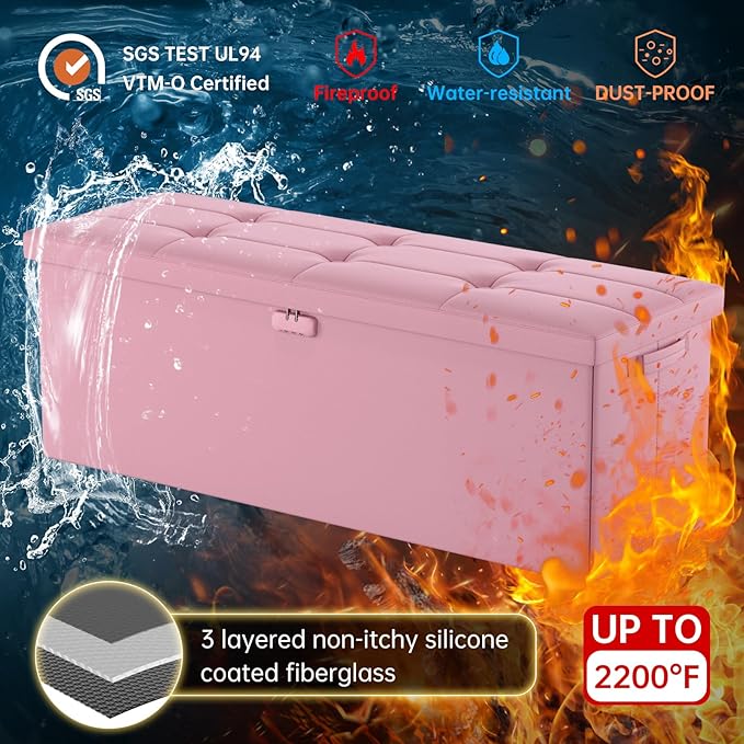 DocSafe Storage Ottoman Bench, Fireproof&Waterproof Folding Bench with Lock(15”x 43”x15”), Leather Storage Chest with Handles&2 Extra Boxes, Ottoman Safe for Bedroom,Living Room,Home Office, Pink-NeatNest