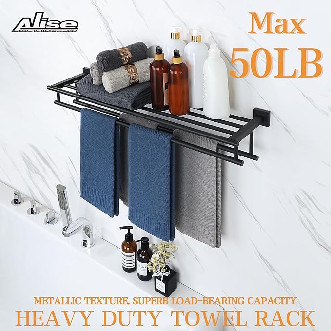 Alise Towel Rack for Bathroom,Large Towel Holder Towel Shelf with Double Towel Bars for Bathroom Lavatory,SUS 304 Stainless Steel Wall Mount Towel Hanger,Matte Black,32 Inch