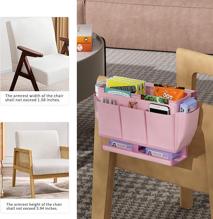 Bedside Caddy Bedside Organizer,Bed Caddy with 11 Pockets and Power Strip Holder,Versatile Bedside Storage Caddy for Home,Dorm,Bunk,Hospital,Crib Bed (Pink)-NeatNest